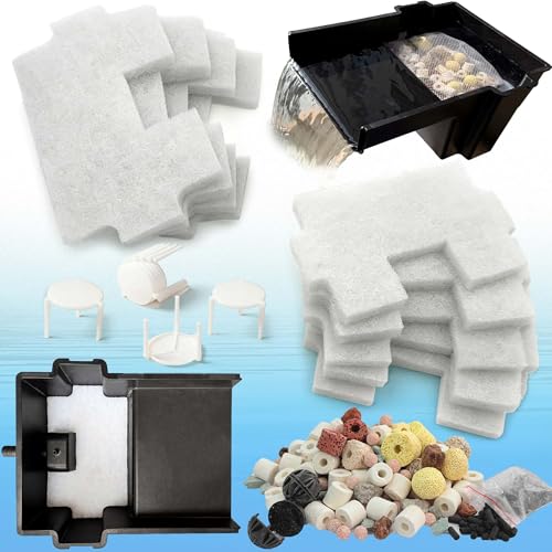 18PCS Upgraded Pond Waterfall Spillway Filter Media, 9* Pond Filter Pads + 500g Ceramic Rings+8 Bracket, Fish Filtration Durable Foam Mat for 8-Inch Waterfall Box