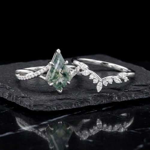 Natural Moss Agate Engagement Ring Set for Women, Unique Genuine Moss Agate Ring, 925 Sterling Silver 10K 14K 18K Solid Gold Nature Inspired Bridal Set, Boho Wedding Jewelry Gift - color: Six