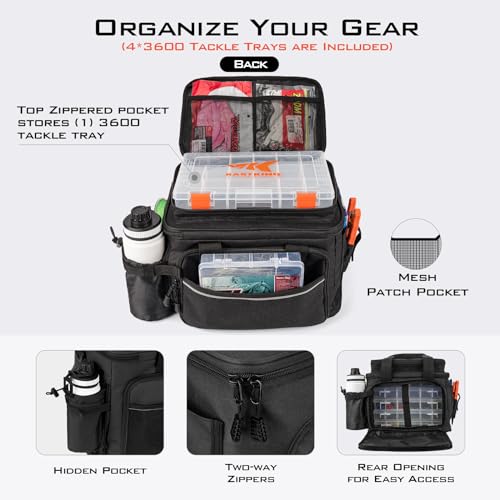 KastKing Karryall Fishing Tackle Bags with 4 * 3600 Tackle Trays - Saltwater & Freshwater Fishing Gear Storage - color: Black, size: Medium - 4*3600 Trays