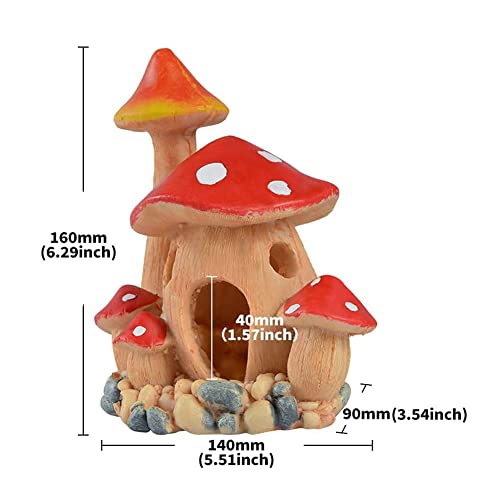 Aquarium Decorations Mushroom House Fish Tank Cave Ornament for Small Hideaway Decor Landscape Ornament for Castle Hiding Reptile Amphibian Toys Rock and Fairy Garden Decoration (Red)