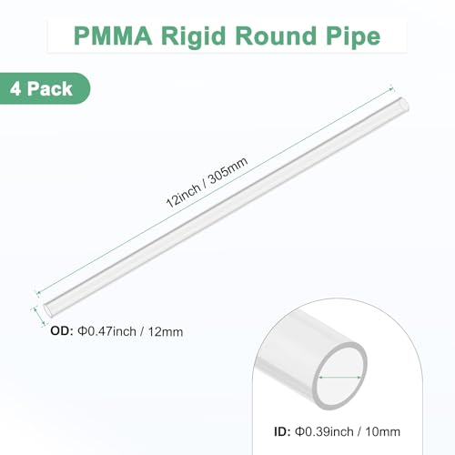 M METERXITY 4-Pack Clear Rigid Acrylic Pipe, 10mm[0.39"] ID x 12mm[0.47"] OD Plastic Round Tube for Water Cooling System/Lamps/Fountains/Aquariums/Display Stand, Acrylic Tubing [305mm/12IN] - size: 10mm ID x 12mm OD