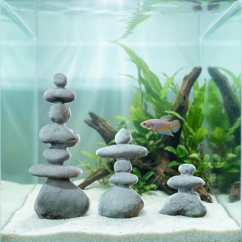 3-Stone Mini Stacked Zen Rock Stone Decor,Handmade Rocks Statues Japanese Garden Decor, Fish Tank Aquarium Decorations,Micro Landscape Decor (3-Stone) - size: 3-Stone