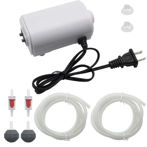 Mini Air Pump for Aquarium - Ultra Quiet 3W 108GPH Dual-Outlet Bubbler with Air Stones, Tubing, Check Valves & Suction Cups - Ideal for Fish Tanks up to 50 Gallons and Bait Tanks