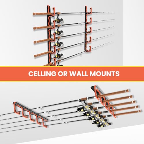 Gocozer Fishing Rod Holder for Garage, H5 Wall or Ceiling Mounted Fishing Pole Holders with Soft Protective Pad, Fishing Rod Storage Organizer, Horizontal Fishing Rod Wall Mount Nets Storage (2 PACK) - color: Black-2Pack