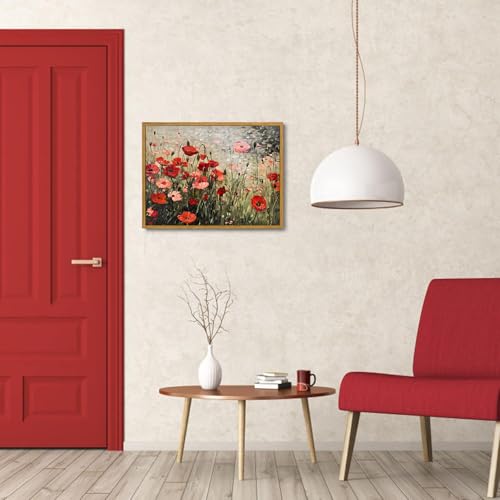OIQArtOIQ Vintage Landscape Canvas Wall Art Framed Natural Scenery Painting Artwork Prints France Country Wilderness Farmhouse Decor Pictures Kitchen Bedroom Living Room Bathroom - color: Corn Poppy, size: 12x16 in