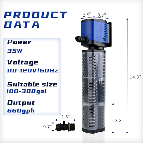 coospider-repta Aquarium Filter for 100-300 Gallons Tank, Powerful 660GPH Internal Fish Tank Filter, Pump Submersible Filter with Sponge for Large Fish Tanks, Turtle Tanks