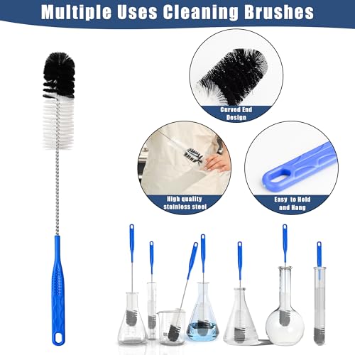 12Pcs Glass Tube Pipe Cleaners Brush Kit,Long Nylon Straw Brush for Glass Funnel and Bottle,17-inch Long Handle,8.2-in Different Diameters Brushes,35-in Flexible Double-Ended Hose Tool (Blue)