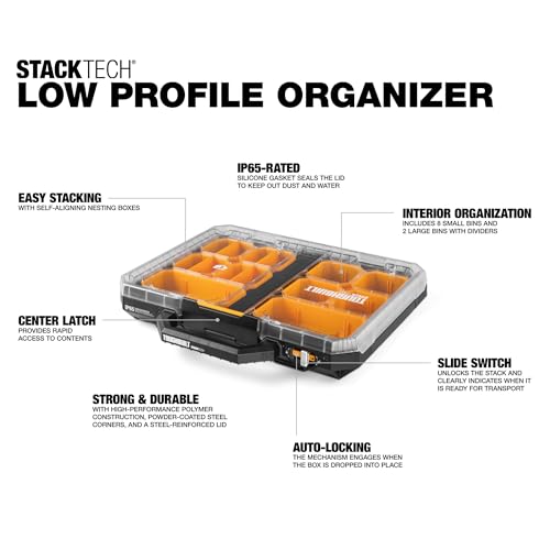 ToughBuilt – StackTech Low Profile Organizer, Slim Modular Storage with Clear Lid, Auto-Locking System & Customizable Compartments (TB-B1-O-10) - size: Low Profile