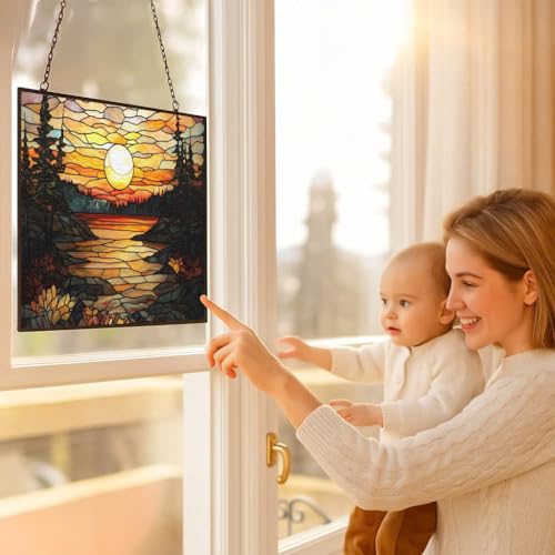Customized Rectangle Vintage Sunset in The Forest Stained Glass Window Hanging, Suncatcher for Women, Stained Glass Window Decor Perfect Home Décor - color: Vintage Sunset in the Forest 1, size: 9.4x7.1 IN