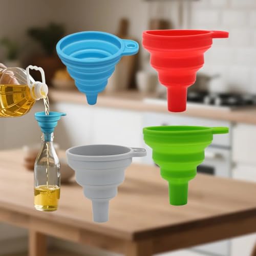 Silicone Collapsible Funnel for Kitchen Use,4Pack - Small and Middle, Food Grade Foldable funnel Kit for Filling Bottles, Liquid Transfer, Oil Change, Cooking, Water, Powder, Juice & Drink, Multicolor - color: 4Pack, Random Colors, Medium*2+Small*2