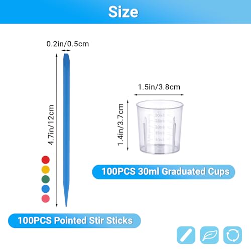 Gartful Resin Measuring Cups and Sticks, 200PCS Disposable Mixing Cups Set - 100PCS 30ml Graduated Measuring Cups and 100PCS Pointed Stir Sticks for Epoxy Resin, Glue, Paint Pouring - color: Clear cups+point stick, size: 30ml