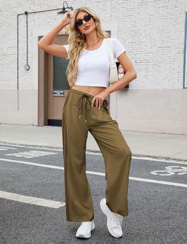 Hongsui Women's Wide Leg Pants Drawstring High Rise Side Striped Slouchy Palazzo Pants with Pockets - color: Armygreen, size: Medium