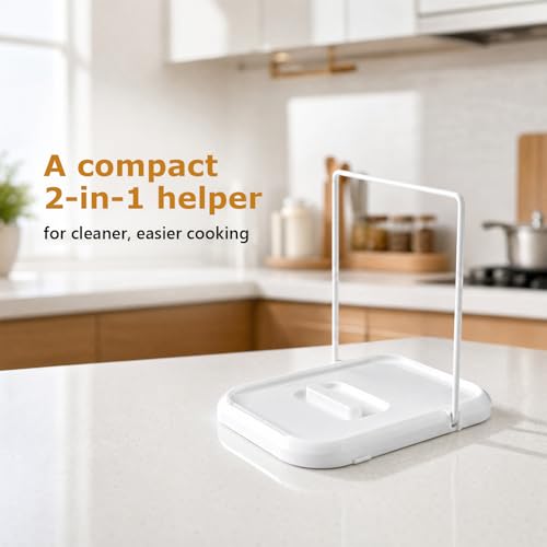 Pot Lid Holder with Spoon Rest for Stove Top, Foldable Kitchen Pot Lid Organizer for Countertop, Lid Holder While Cooking with Non-Slip Pads, White