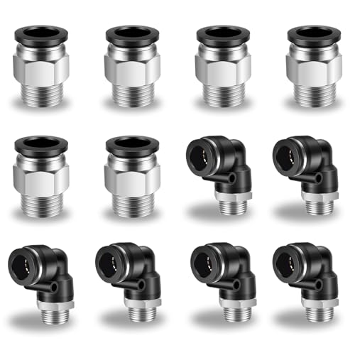 12 Pcs Push to Connect Fittings 1/2 Inch Tube OD x 3/8 Inch NPT Thread Pneumatic Male Straight and Elbow Quick Connect Air line fittings - size: 1/2"OD x 3/8"NPT