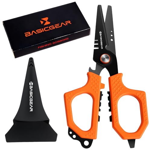 BasicGear Fishing Multi-Tool Scissors – Titanium-Coated, Stainless Steel, Multi-Tool Cutter with Hook Adjuster, Screwdriver, Bottle Opener, Sheath & Non-Slip Grip for Saltwater or Freshwater Use - color: 440c Stainless Steel