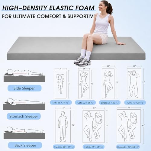 CYMULA 3 Inch Memory Foam Camping Pad, Camping Essentials Roll Up Floor Mat for Car Camping, Cot, Tent, Truck, Travel and Guest Use, Non-Slip Waterproof Bottom, Removable Cover - color: GREY, size: Cot:72*24*3