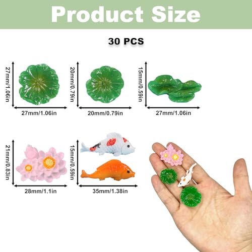 30PCS Mini Resin Lotus Leaf, Tiny Simulated Koi Carp, Resin Miniature Model Cake Decoration, Lotus Pond Figurine Bulk for Moss Landscape Terrarium Micro Fairy Garden Decoration Ornament Accessories - color: Lotus & Koi Carp