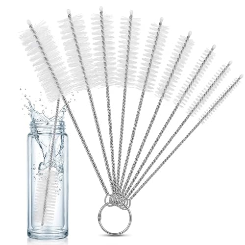 Mini Straw & Pipe Cleaning Nylon Brushes | 10 Brush Set | 8 inch Length | Flexible, Non-Scratch, Rust-Resistant Steel Handle | Reusable Straws, Pipes, Tubes, Mini Bottles etc