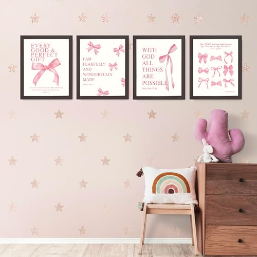 LARTSFRO Coquette Pink Bow Wall Art Decor Posters, Pink Bow Room Bedroom Bathroom Dorm Wall Art Decor Aesthetic for College Teen Girls Gifts, Inspirational Bible Verses Bow Wall Decor, 10x8 Inch Set of 4 Pcs Bow Pictures (DARK FRAMED) - color: Black-Frame