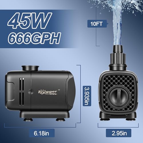 hygger 2-in-1 666GPH Submersible Pump 45W,Side and Bottom Suction Fountain Water Pump with 9.8ft High Lift,Quick Water Change with 4 Interchangeable Nozzles for Aquarium, Fish Tank, Hydroponics,Pond - size: 45W-9.8FT