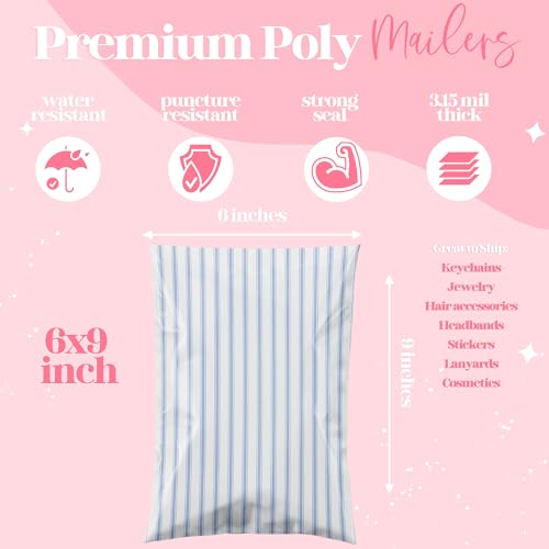 Pretty Package Store 6x9 Designer Poly Mailer 100 Pack Heavy Duty Waterproof Self Seal Shipping Bags for Small Business Large Mailing Envelopes Bulk Tear Resistant Packaging Blue Stripe - color: Blue Stripes, size: 6x9