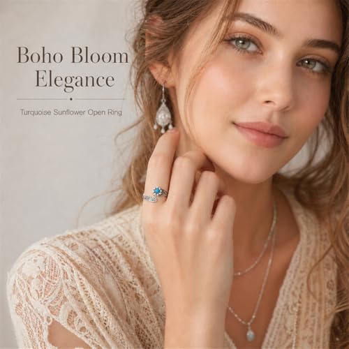 Chunky Rings for Women Statement Adjustable Pearl Ring Turquoise Spoon Ring Sunflower Dainty Open Ring Non Tarnish Unique Jewelry Gift - color: Turquoise Sunflower
