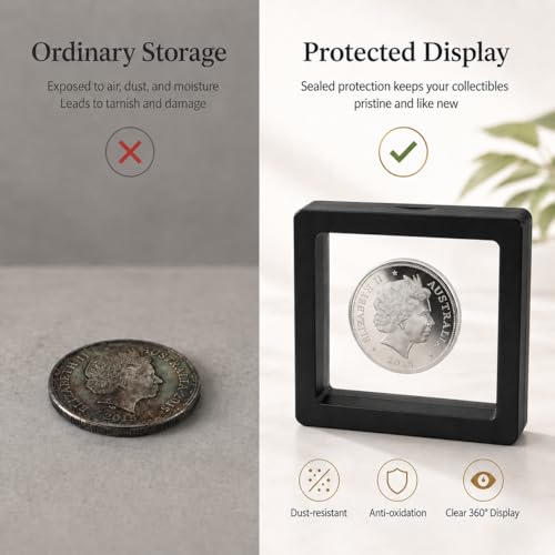 6 Pack 3D Floating Display Case, Freestanding Clear Suspension Frame and Jewelry Holder for Challenge Coins, Enamel Pins, Rocks, Rings and Plant Specimens - color: Black, size: 3.5*3.5*0.8