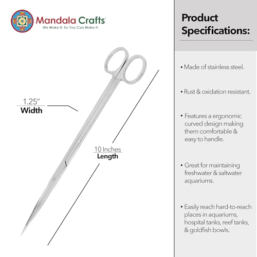 Mandala Crafts 10 Inches Silver Stainless Steel Straight Aquarium Scissors for Trimming Aquatic Plants – Long Aquascape Scissors for Fish Tanks, Hospital Tanks, Goldfish Bowls, and Terrariums - color: Stainless Steel Straight Scissors, size: 10 Inches