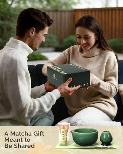 Maestri House Matcha Whisk Set, 7-Pc Complete Matcha Kit with Spouted Ceramic Bowl, Bamboo Whisk and Holder, Scoop, Spoon Rest & Sifter, Tea Cloth – Ideal Gift for Matcha Lovers (Emerald Kanso) - color: Emerald Kanso
