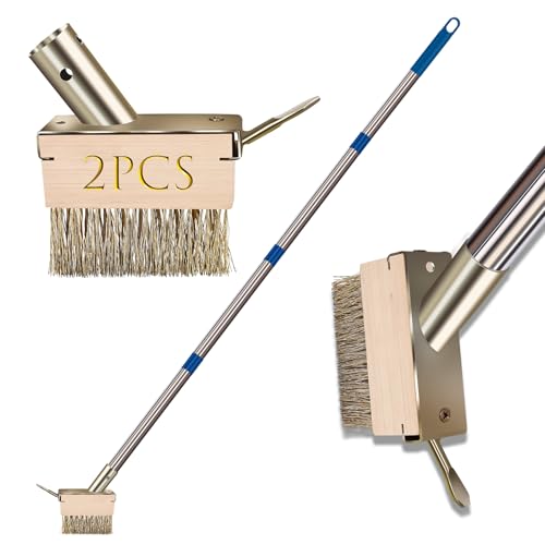 Moss Grout Remover Brush Tool with Detachable 64.9Inch Handle for Outdoor Concrete Deck Pavers Patios Walkways Crevice Cleaning, 2 Pcs Metal Wire Brush Heads with Crack Scraper Weeder Puller