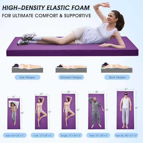 CYMULA 3 Inch Memory Foam Camping Pad, Camping Essentials Roll Up Floor Mat for Car Camping, Cot, Tent, Truck, Travel and Guest Use, Non-Slip Waterproof Bottom, Removable Cover - color: PURPLE, size: Twin XL:80*38*3