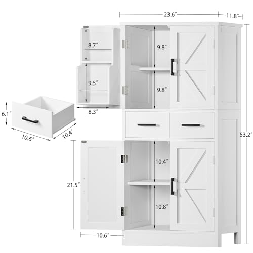 TEENFON 53" H Pantry Cabinet with 2 Drawers, Kitchen Storage Cabinet with 4 Door Shelves, Kitchen Pantry for Living Room, Dining Room, Bathroom, White - color: White Door Shelves