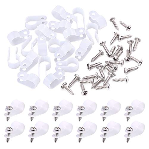 Swpeet 120 Pack White 1/2 Inch Nylon Plastic R-Type Cable Clips Clamp Kit, Nylon Screw Mounting Cord Fastener Clips with 120 Pack Screws for Wire Management (1/2 Inch, White) - color: White, size: 1/2 Inch