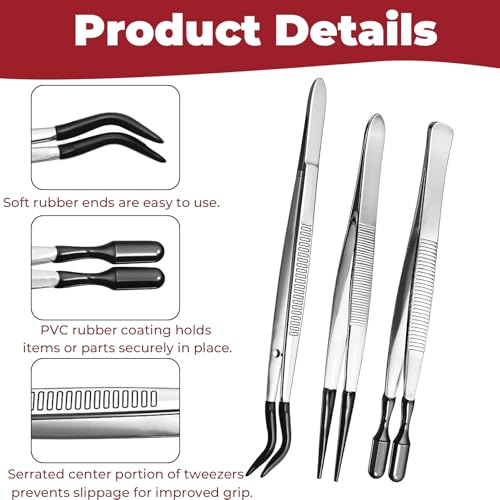 3 Piece Tweezers with Rubber Tips Set, Stainless Steel Rubber Tipped Tweezers Bent Flat and Pointed Precision Tweezer for Jewelry Crafts Electronics and Lab Use Black