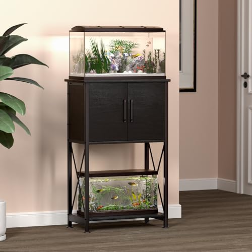 Herture 5-10 Gallon Fish Tank Stand, Metal Double Aquarium Stand with Cabinet for Fish Tank Accessories Storage, Heavy Duty 20.5" L* 11.02" W Tabletop, 500LBS Capacity Black PG06YGB - color: Black, size: 5-10 Gallon