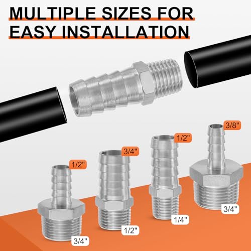 2 Pack Stainless Steel Hose Barb to g Male Adapter, 10mm Barb x 3/8" g Male for Industrial, Automotive, Fluid Transfer, Home Gardening, and Water Treatment - size: 10mm Barb To 3/8" G Male