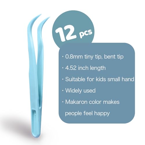 12 Pack Plastic Tweezers 4.5 Inch Blue Long-Bent plastic tweezers for Crafts kids, Jewelry Making, Baking, Reptile Feeding - color: Blue
