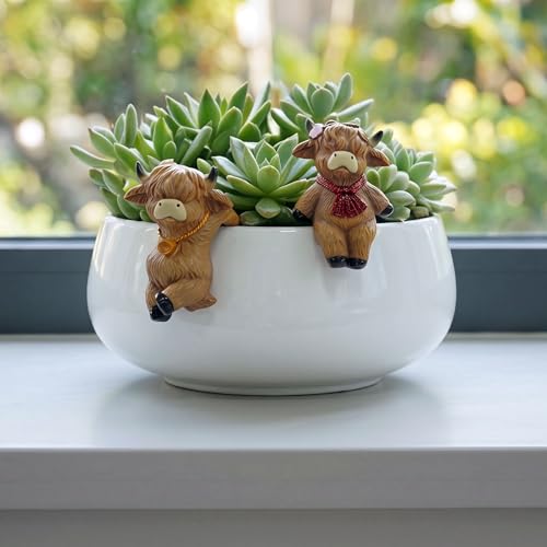 2PCS Highland Cow Statue Highland Cow Figurine Plant Pot Hanger Hugger, Resin Highland Cow Ornament Garden Decor for Yard Lawn, for Plant Parents (2 Unique Styles) - style: Cow2