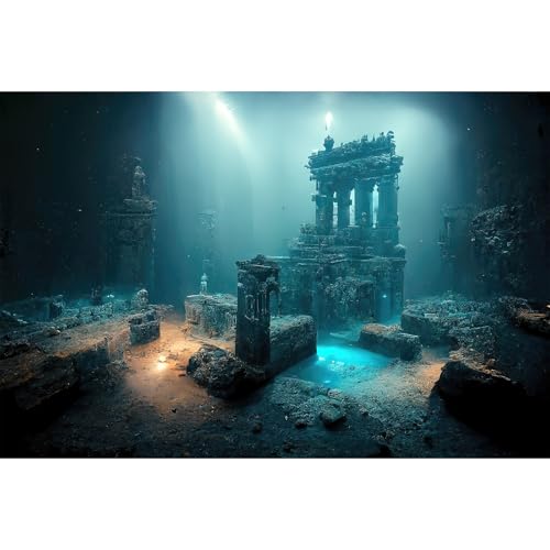 Fantasy Lost Underwater City Aquarium Background Misty Ancient Temple Stone Columns Fish Tank Background Under Water Magical Foggy Ruined Atlantis Buildings Reptile Tank Enclosure Backgrounds 48x24in