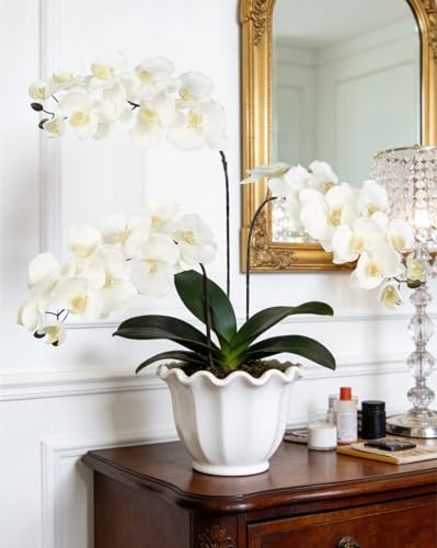 36'' White Orchids Artificial Flowers 10 Large Blooms Faux Phalaenopsis Branches 5PCS Fake Silk Orchids Stems for Tall Vase for Wedding Home Table Party Decor (White) - color: White