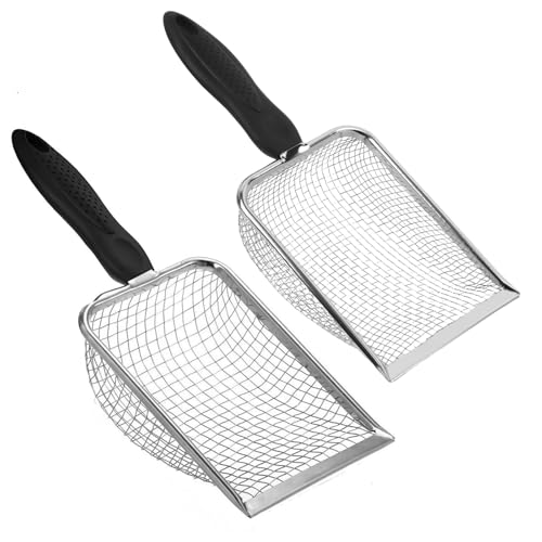 2 PCS Stainless Steel Mesh Cat Litter Scoop, Reptile Sand Scooper, Substrate and Gravel Sifter, Non-Slip Grip, Easy to Clean Reptile Terrarium Sand Waste(3.8mm & 5mm Mesh)