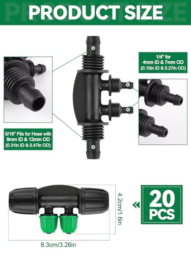 Kalolary 20PCS Locked Barbed Tee Connectors, 5/16" to 1/4" Drip Irrigation Fittings Kit 8/12mm to 4/7mm Tube Lock Female Connector 4-Way Barbed Lock Irrigation Parts for Watering System (Black Green) - color: Black Green 5/16" to 1/4" 4-Way