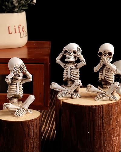 3 Pcs Aquarium Skeleton Decor - Waterproof Resin Hear No See No Speak No Evil Figurines for Fish Tank, Halloween Gothic Underwater Scene Setup