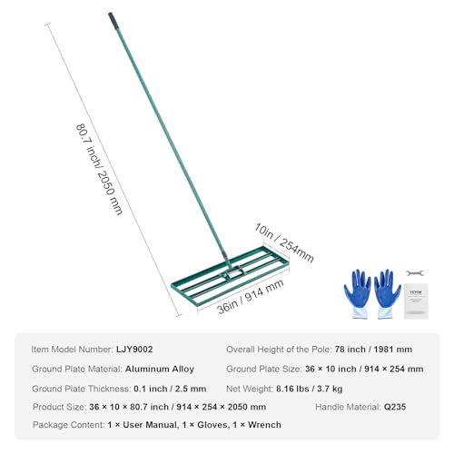 VEVOR Lawn Leveling Rake, 36“ x10 Level Lawn Tool, Heavy-Duty Lawn Leveler with 78"" Steel Extended Handle, Yard Leveling Rake Suit for Garden, Golf Lawn, Farm, Green - size: 36"x10", style: Classic: Alloy
