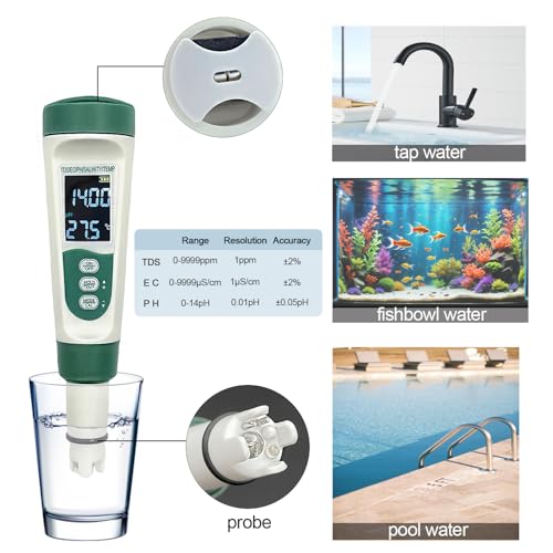 Aquarium Salt Tester - Pool Test Strips, Digital PH Meter for Water, Aquarium Monitoring Tool, Pond Checker, Fish Tank Water Analyzer, 5-in-1 Salinity, PH, TDS, EC, and Temperature Meter