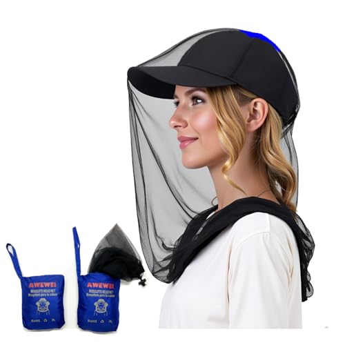 Mosquito Head Net, 2 Pack Ultra Fine Ice Silk Cooling Breathable Soft Large Long Mesh for Outdoors, Fits Most Hats - color: Blue Black