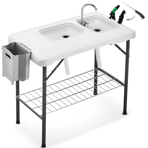 Folding Fish Cleaning Table Portable Camping Double Sinks Table w/2 Dual Water Basins, Faucet Drainage Hose & Sprayer Outdoor Fish Fillet Cleaning Station w/Knife, Storage Box,Black | Portable - style: Dual sink table