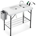 Folding Fish Cleaning Table Portable Camping Double Sinks Table w/2 Dual Water Basins, Faucet Drainage Hose & Sprayer Outdoor Fish Fillet Cleaning Station w/Knife, Storage Box,Black | Portable - style: Dual sink table