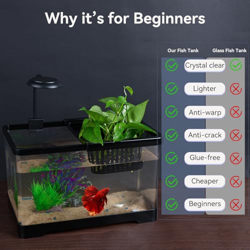 1.8 Gallon Beta Fish Tank Aquariums Kits - Clear Small Fish Bowl Starter Kit with LED Light, Water Filter Pump, Hydroponic Basket - Beginner's Gift for Guppy Shrimp Goldfish, Rectangular - size: Long fish tank