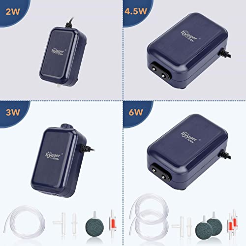 hygger Aquarium Air Pump,Adjustable Oxygen Pump，Silent Powerful Aerator Pump 2W/3W/4.5W/6W/ 1/2 Air Outlets Ultra for Up to 100 Gallon Tank - color: 2wSingle